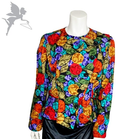 VINTAGE 1980's OLEG CASSINI Asymmetrical Button Silk peplum jacket